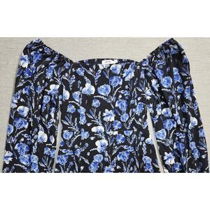 Lush Black Blue Floral Puff Sleeve Mini Dress Square Neck Size Small party dance